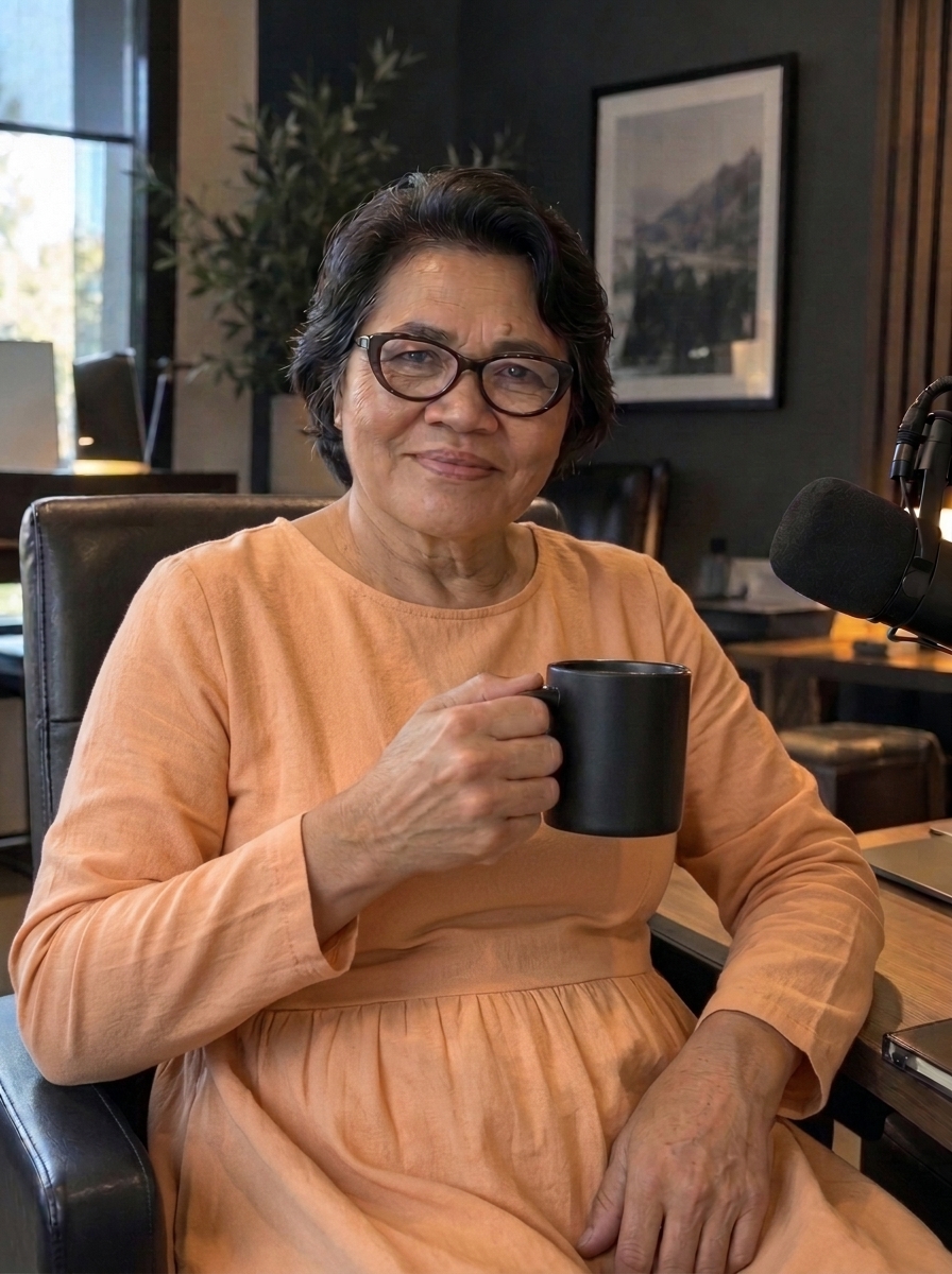 The founder of BB ai solutions, smiling in a peach linen dress and glasses, holding a black mug